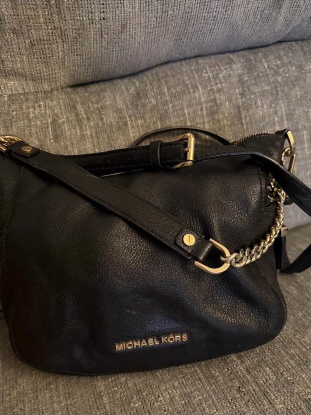 Michael Kors Black Leather Hobo Shoulder Bag with Gold Hardware